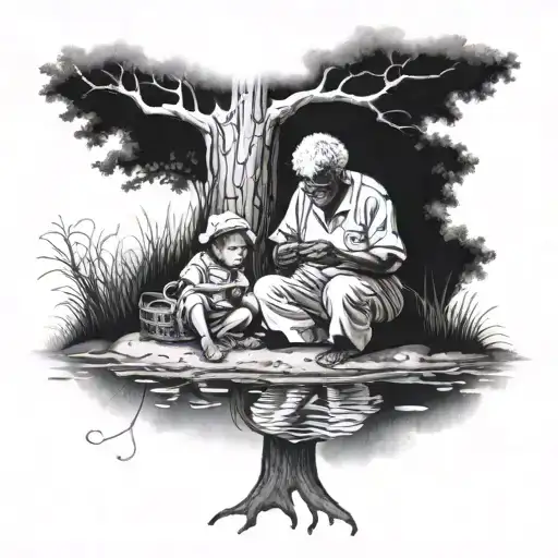 Black Grandma And Grandson Fishing Under A Leech Tree