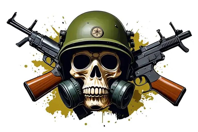 Skull In A Military Helmet In A Gas Mask Under The Skull Two Ak-47