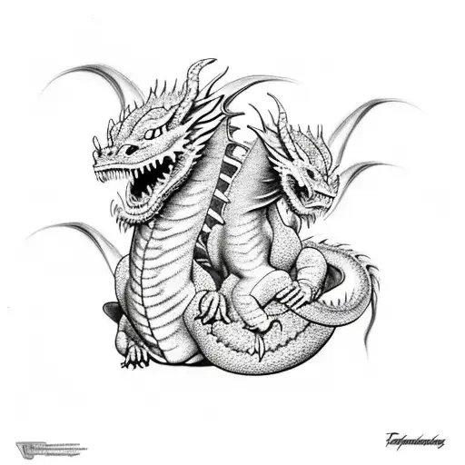 Dragon Protecting Two Baby Dragons On Mountainside