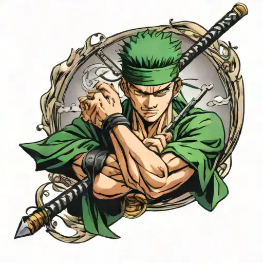 A Tattoo Of Roronoa Zoro On My Hand With Three Sword