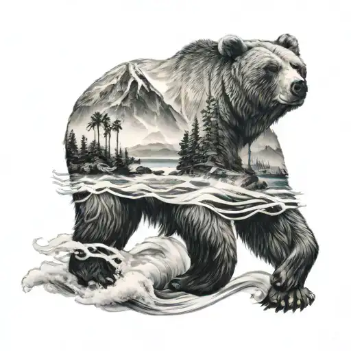 California Bear With Mountain And Ocean Waves Forming