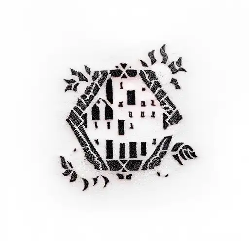 A Sunset With A Silhouette Of A White Two Story Farmhouse With Black Shutters