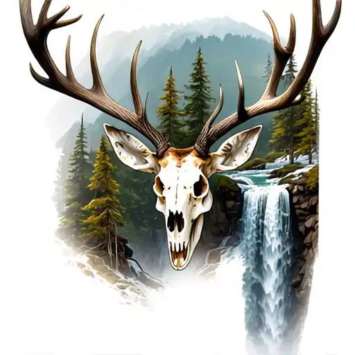 Mule Deer Skull As Waterfall And Antlers As Trees
