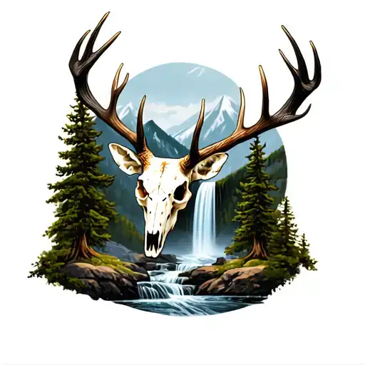 Mule Deer Skull As Waterfall And Antlers As Trees