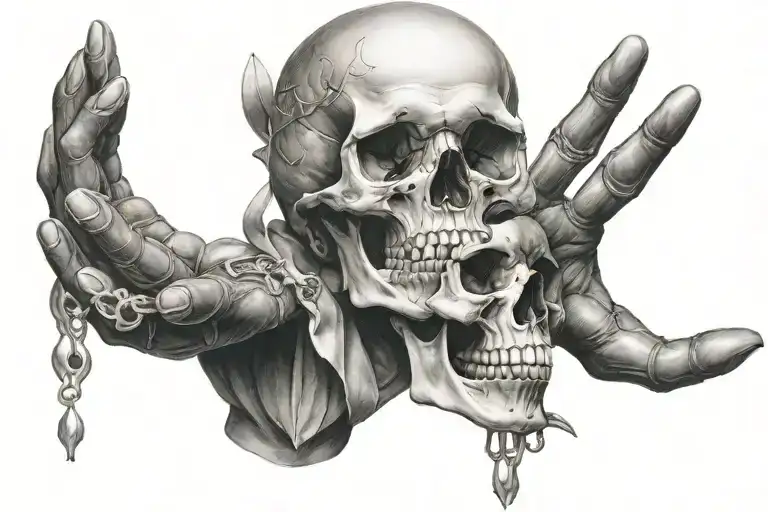 Sleeve Tattoo That Starts With A Skull Hand An Represents Peace