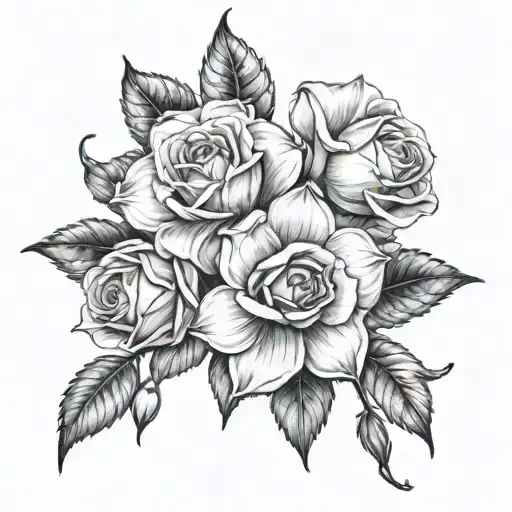 Realistic Black And White Round Narcissus And Rose Flowers
