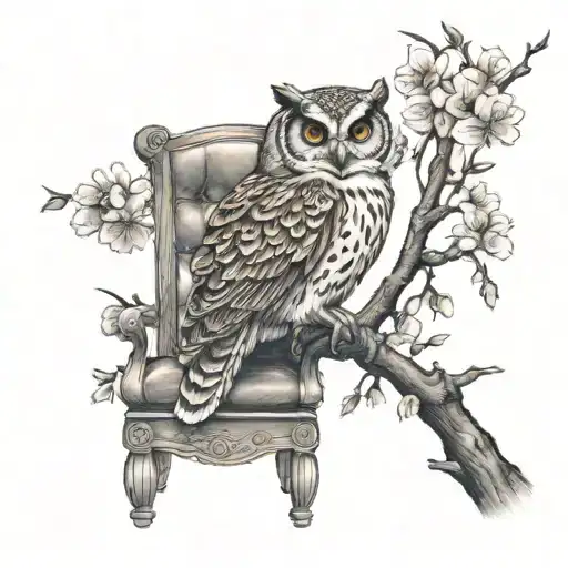 Owl Perched On Chair Cherry Blossom Tree