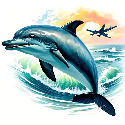 Dolphin In The Ocean With A Plane Flying In The Sky