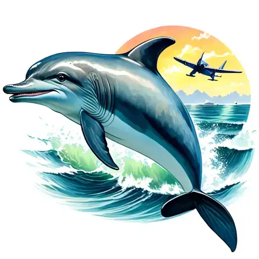 Dolphin In The Ocean With A Plane Flying In The Sky