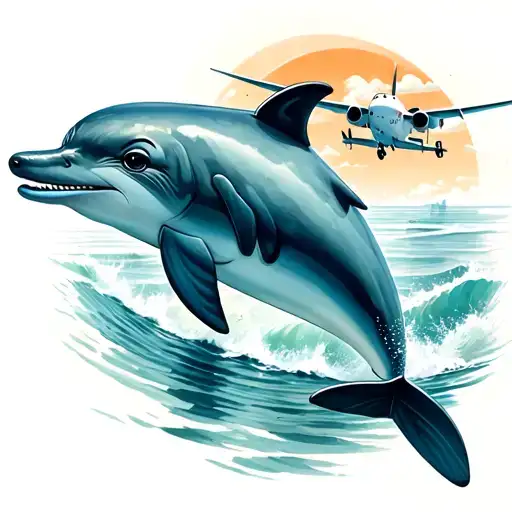 Cute Dolphin In The Ocean With A Plane Flying In The Sky