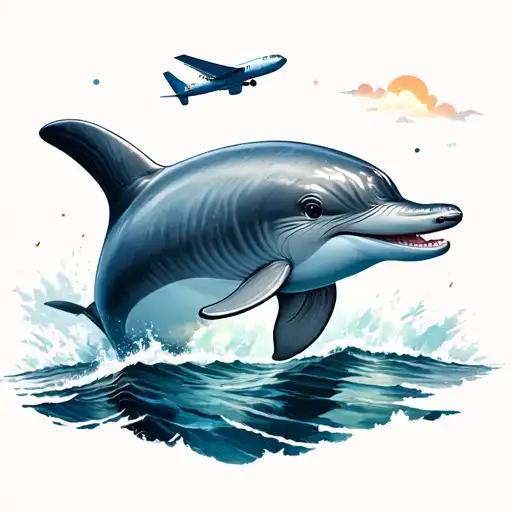 Cute Dolphin In The Ocean With A Plane Flying In The Sky