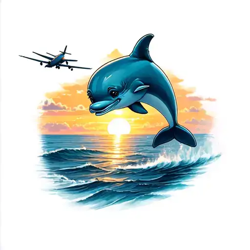 Cute Dolphin In The Ocean With A Plane Flying In The Sky At Sunset