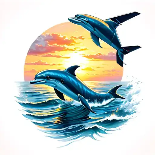 Dolphin In The Ocean With A Plane Flying In The Sky At Sunset