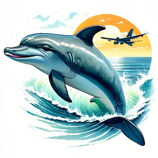 Dolphin In The Ocean With A Plane Flying In The Sky At Sunset