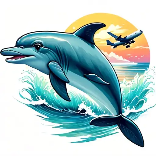 Cute Dolphin In The Ocean With A Plane Flying In The Sky At Sunset