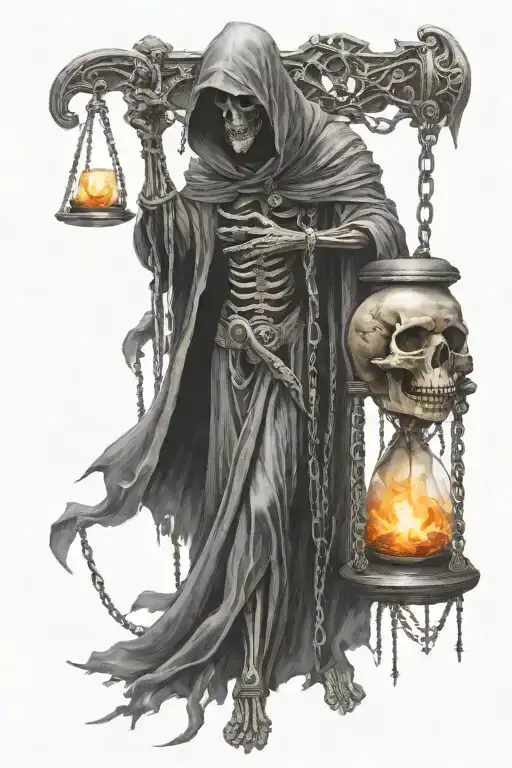 Side Profile Full Body Grim Reaper Holding A Hourglass With Chains Standing On Skulls