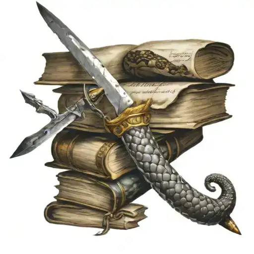 A Stack Of Books With A Sword Stabbed Through It And A Snake Around The Blade