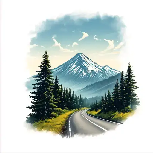 A Winding Road Heading Toward A Mountain Scape With Pine Trees Surrounding