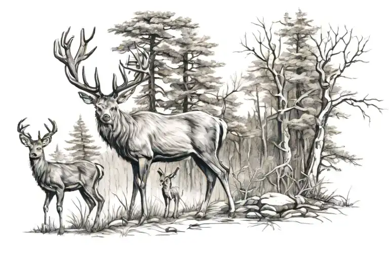 Deer With Family In A Forest