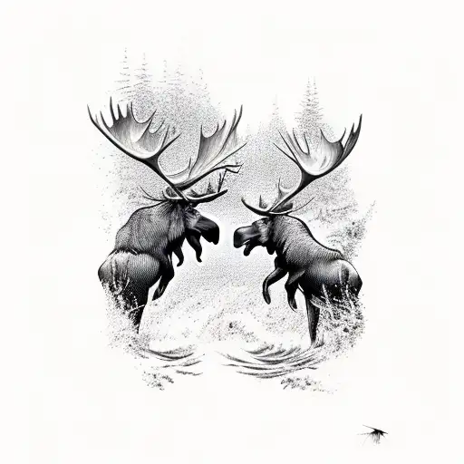 Two Moose Fighting In A River With Fish
