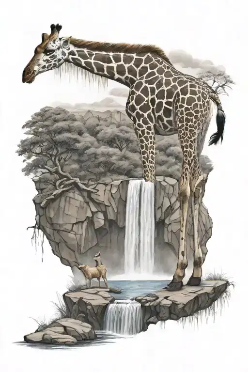 Giraffe With Waterfall Surrounded