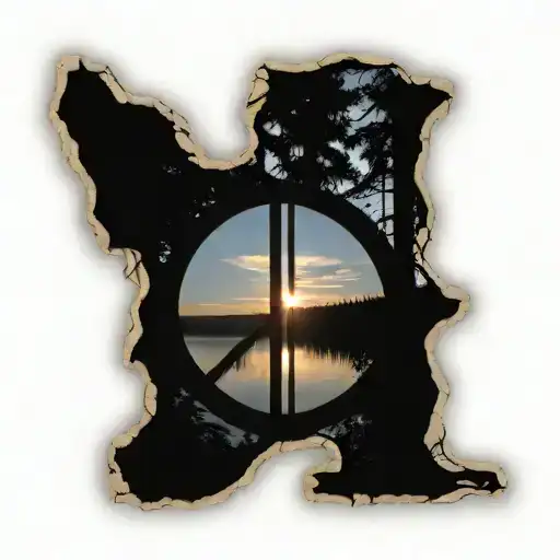 Window Shaped Like A Peace Sign Looking Out To A Forested Lake At Sunset