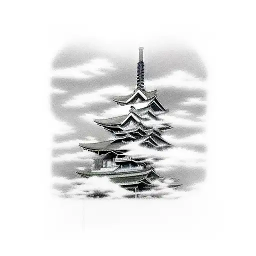 Abstract Interpretation Of A Japanese Temple With Clouds And Blossoms
