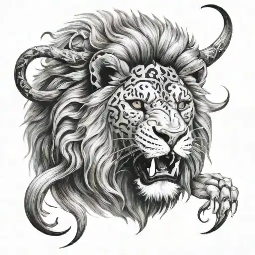 Barbary Lion With Oni Mask Split In Half