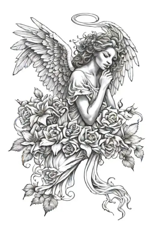 Angel With Wings Looking Over Flowers Intertwined