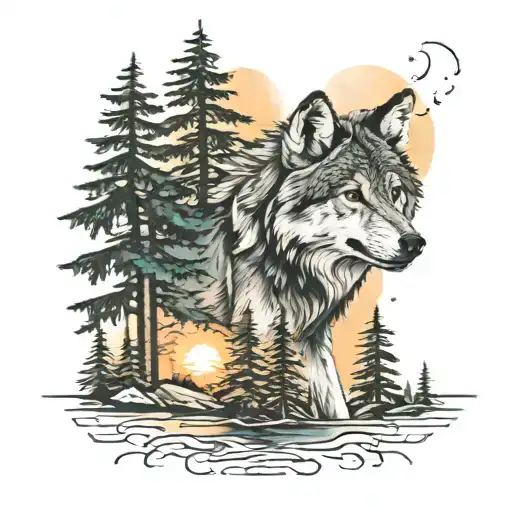 Wolf And Trees Colors Sunset