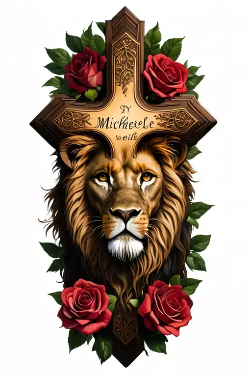 Religious Cross With Lion And Roses And My Wife's Name Michelle Weitten