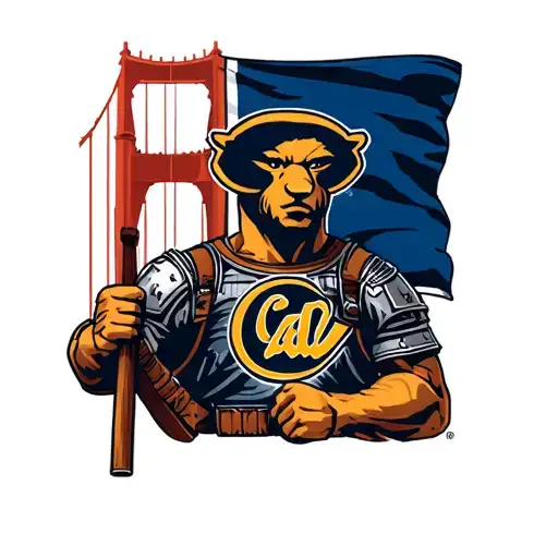 A Warrior Holding A Cal Bears Flag In Front Of A Backdrop Of The Golden Gate Bridge