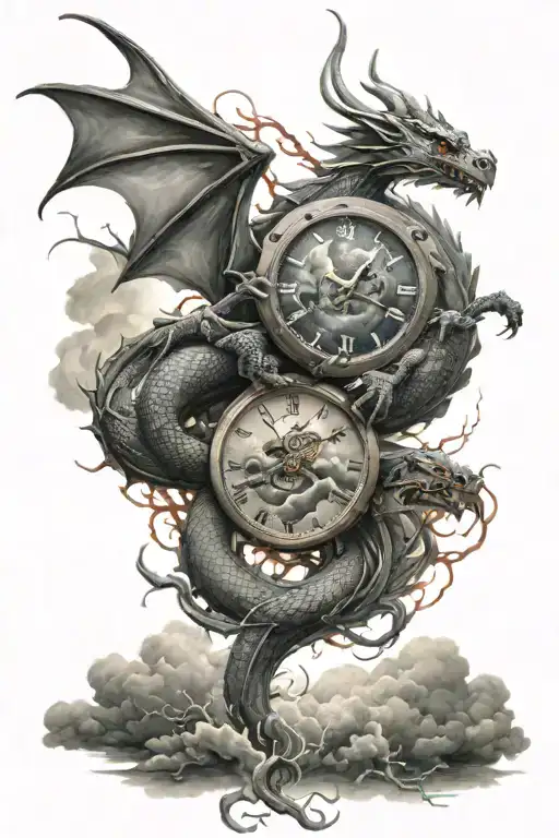 Dragon With Storm Clouds And A Watch Surrounded