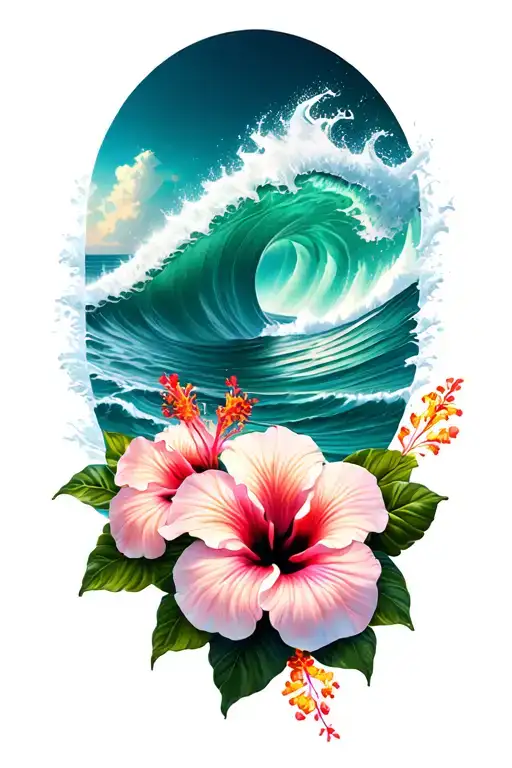 Ocean Waves Crashing In The Background Hibiscus Flowers On The Bottom