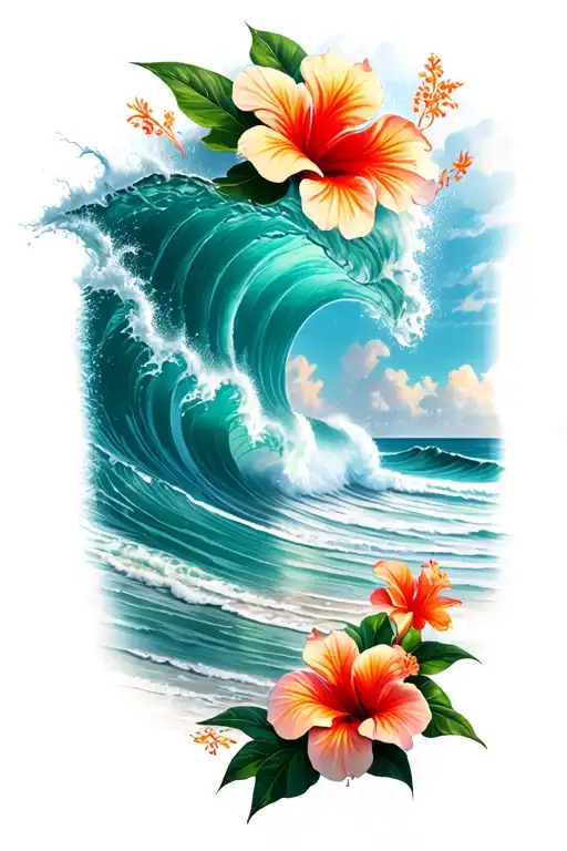 Ocean Waves Crashing On The Beach And Small Hibiscus Flowers On The Bottom