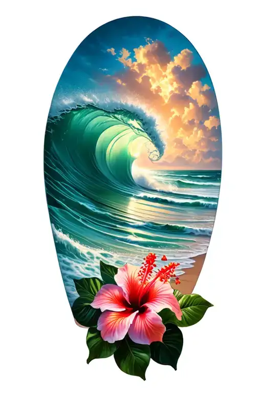 Ocean Waves Crashing On The Beach And Hibiscus Flowers On The Bottom