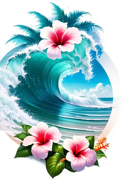 Ocean Waves Crashing On The Beach And Hibiscus Flowers On The Bottom