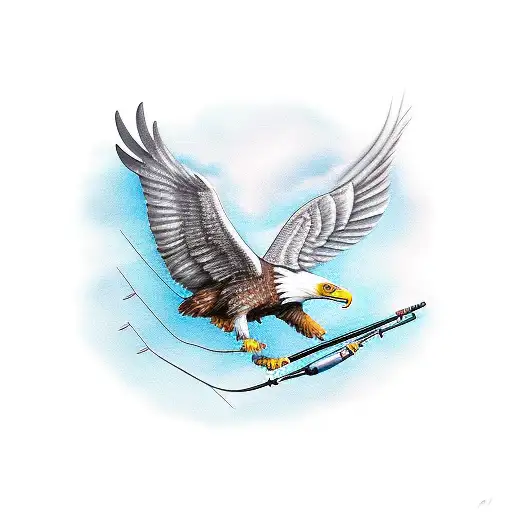 American Eagle With Wings Spread Holding A Fishing Rod In His Talons