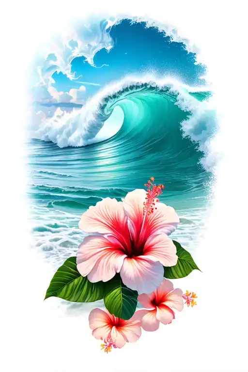 Ocean Waves Crashing On The Beach With Makau Hook Background Hibiscus On The Bottom