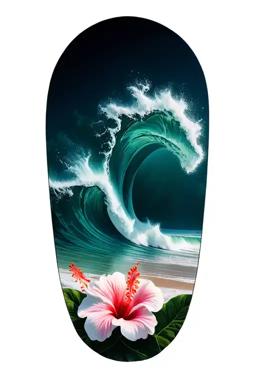 Ocean Waves Crashing On The Beach Hibiscus On The Bottom