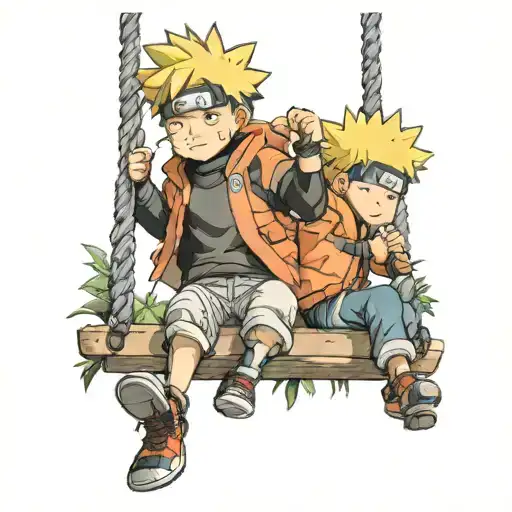 Little Naruto On A Swing With Naruto In Hokage Outfit