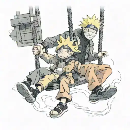 Little Naruto On A Swing With Adult Naruto In Hokage Outfit Talking
