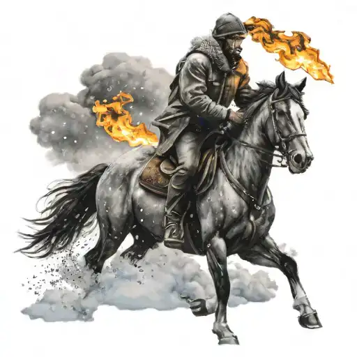 Man On A Horse With A Lit Torch In The Snow