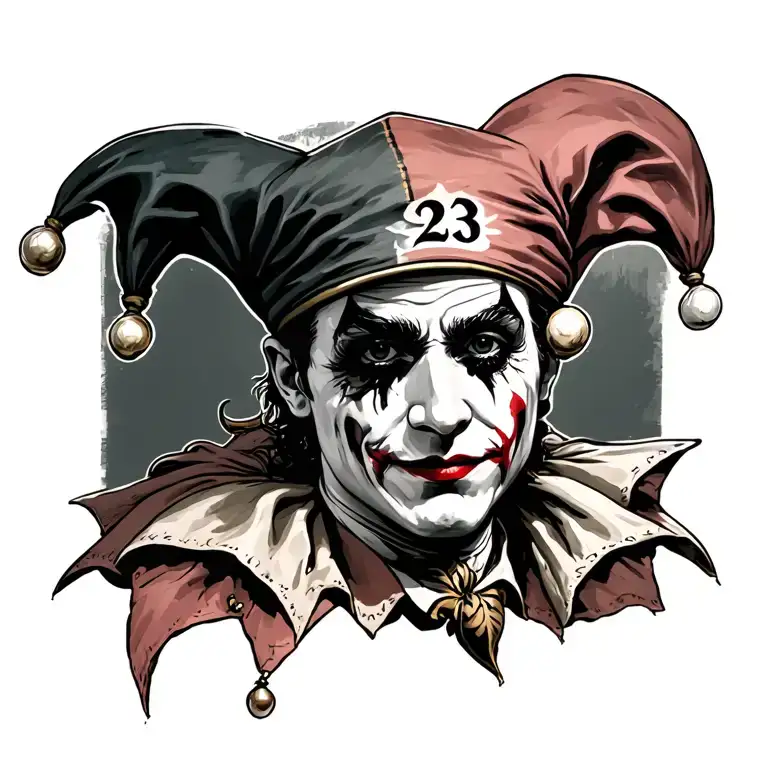 A Jester With A Fether In His Cap And The Number 23 Tattood On His Face