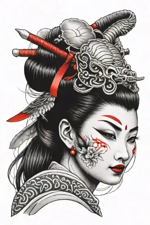 Beautiful Geisha With Half Her Face As A Tengu Mask
