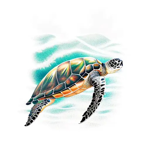 A Realistic Portrait Of A Sea Turtle Swimming In The Ocean With A Background Of A Hawaiian Beach