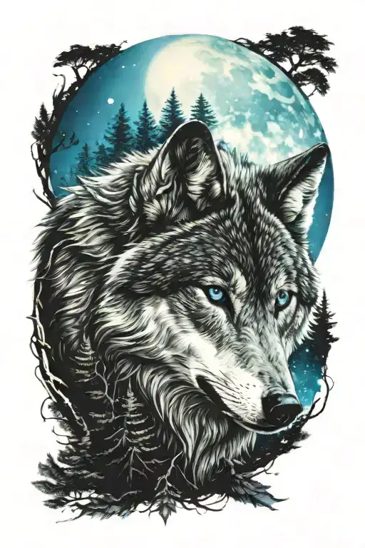 A Wolf For Forearm Half Sleeve With Blue Eyes And Moon With A Forest With Lightnigh