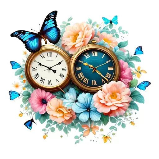2 Time Clocks With Flowers And Butterflies In The Background