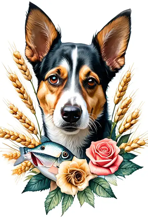 Dog With Fish And Roses And Branches Of Wheat And Girl
