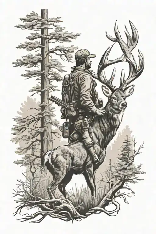 Buck With Trees With Female Hunter Aiming Shotgun Upward Surrounded